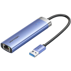 Vention 5-in-1 USB 3.0 to USB 3.0 x 3/RJ45/USB-C Hub 0.15M Blue Aluminum Alloy Type